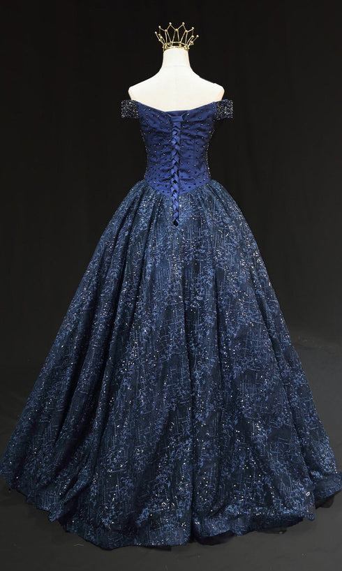 Gothic Navy Blue Off-Shoulder Ball Gown Wedding Dress - Sequin Wedding Dress - Strapless Glitter Dress Plus Size